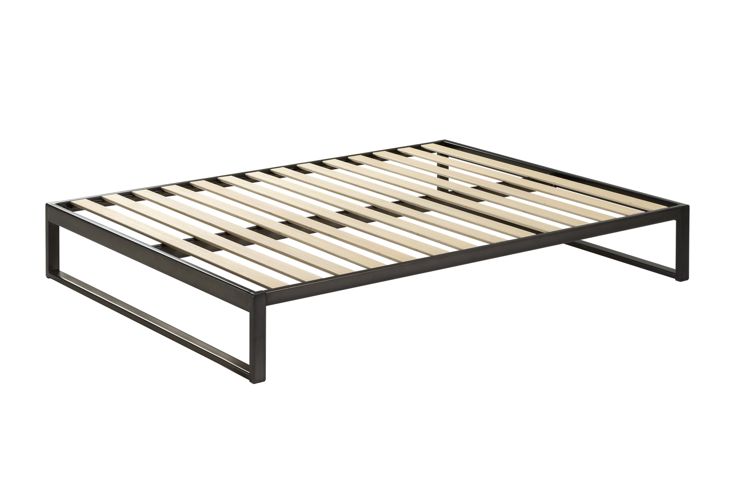 Keetsa Mínimo Industrial steel bed frame in dark bronze, three-quarter overhead angle from opposite side showing full slat coverage and sleek rectangular leg design with under-bed clearance.