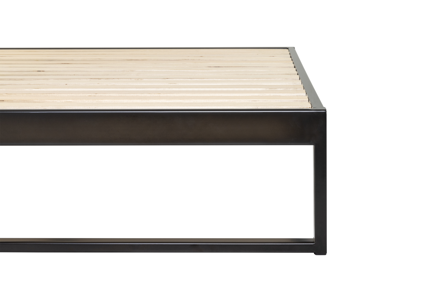 Keetsa Mínimo Industrial steel bed frame in dark bronze, straight-on front view displaying full wooden slat layout with center support rail and minimalist rectangular base design.