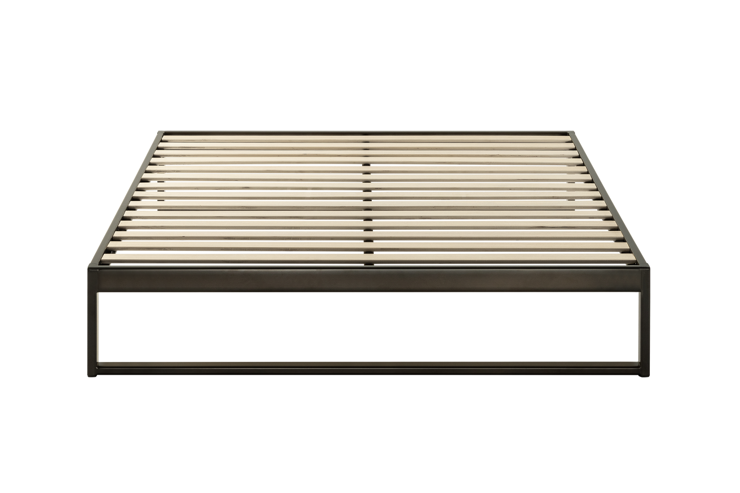 Keetsa Mínimo Industrial steel bed frame in dark bronze, three-quarter overhead angle showing complete wooden slat platform with low-profile metal frame and open rectangular legs.