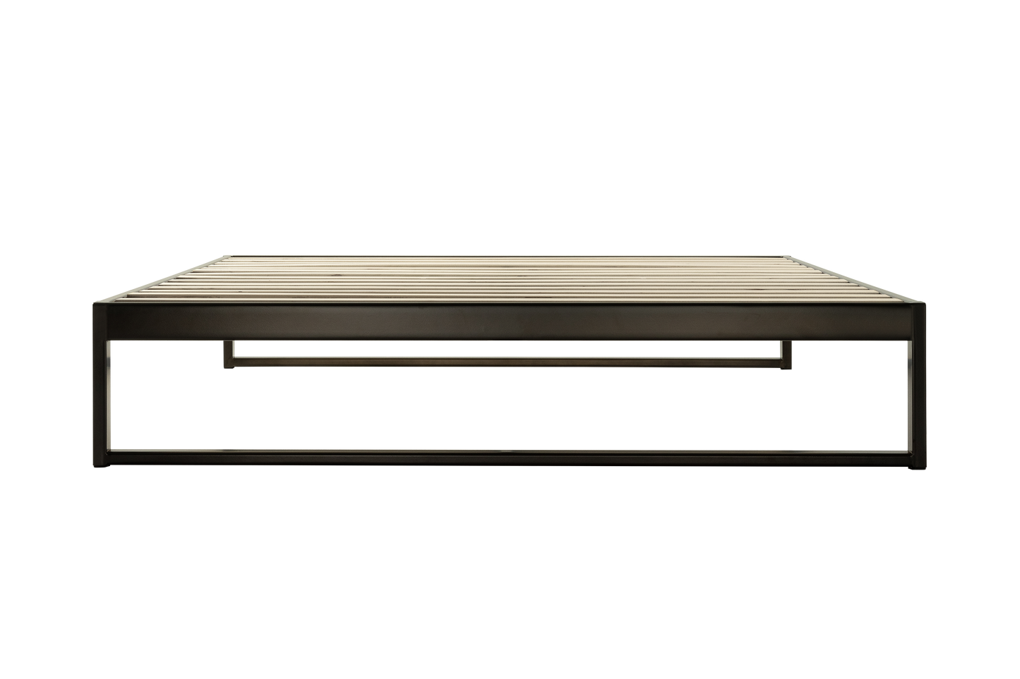 Keetsa Mínimo Industrial steel bed frame in dark bronze with cream mattress, front view showing low-profile metal base with rectangular open legs supporting a thick mattress.