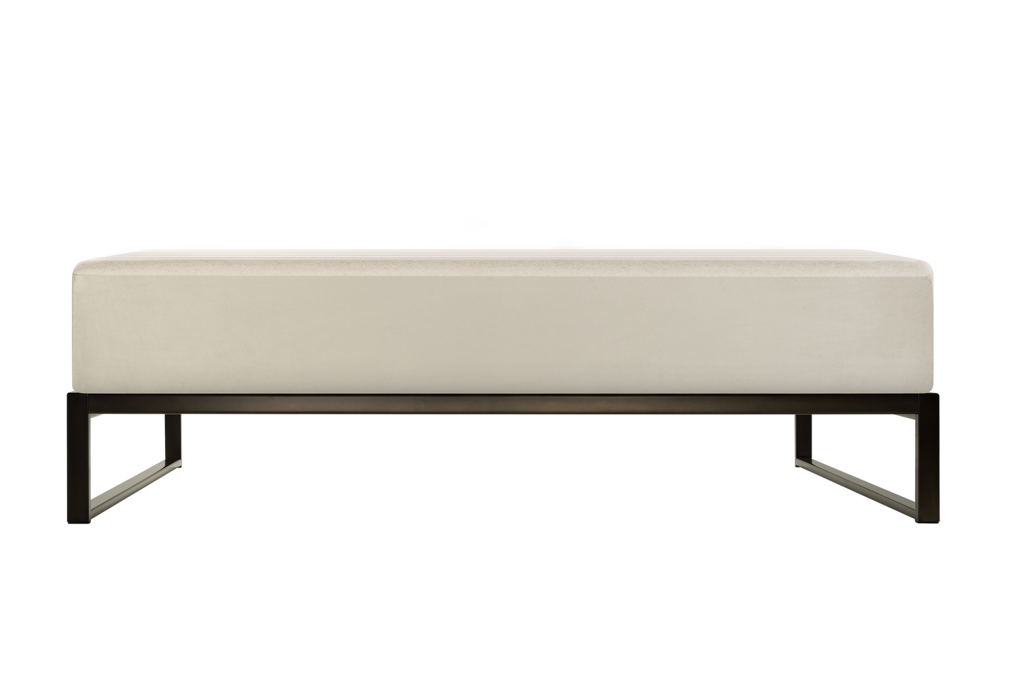 Keetsa Mínimo Industrial steel bed frame close-up side detail showing dark bronze finish, closely spaced wooden slats flush with the frame edge, and clean rectangular leg profile.