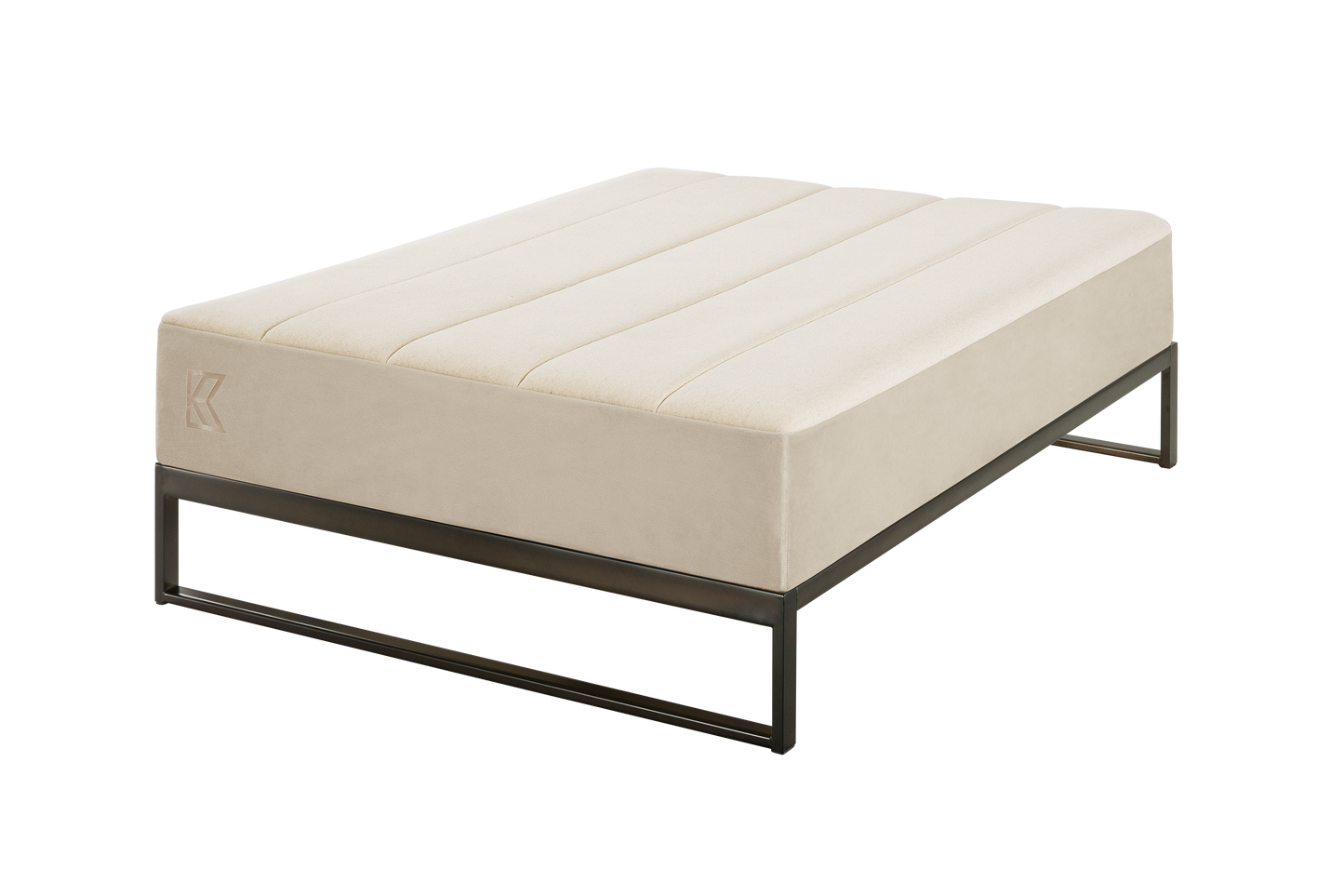 Keetsa Mínimo Industrial steel bed frame in dark bronze finish, front view showing low-profile design with wooden slat support system and open rectangular base legs for under-bed storage.