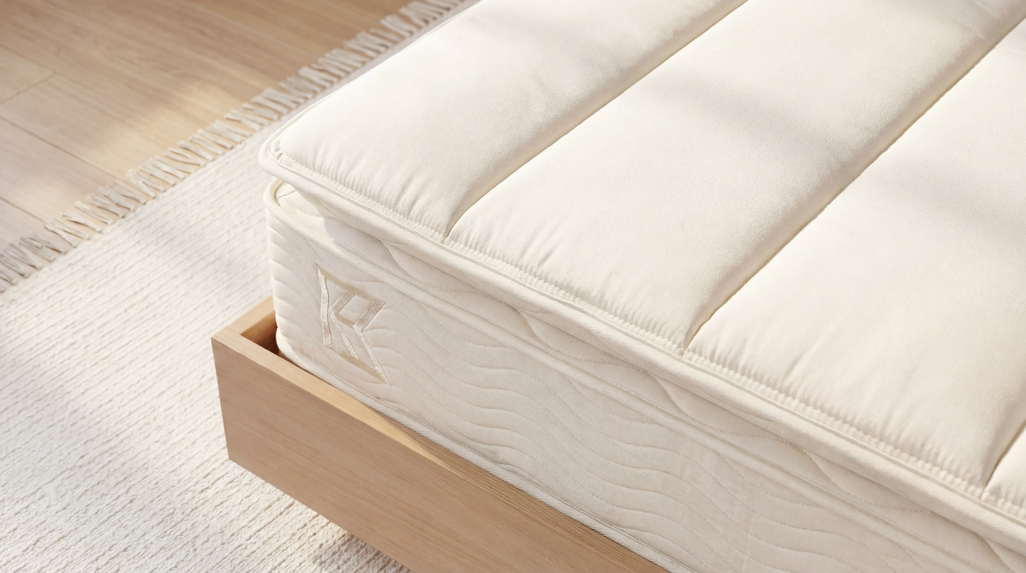 Close-up corner of Keetsa Pillow Plus mattress showing plush pillow-top layer, wave-quilted side panel, embossed Keetsa logo, and structured edge support resting on natural wood platform frame.