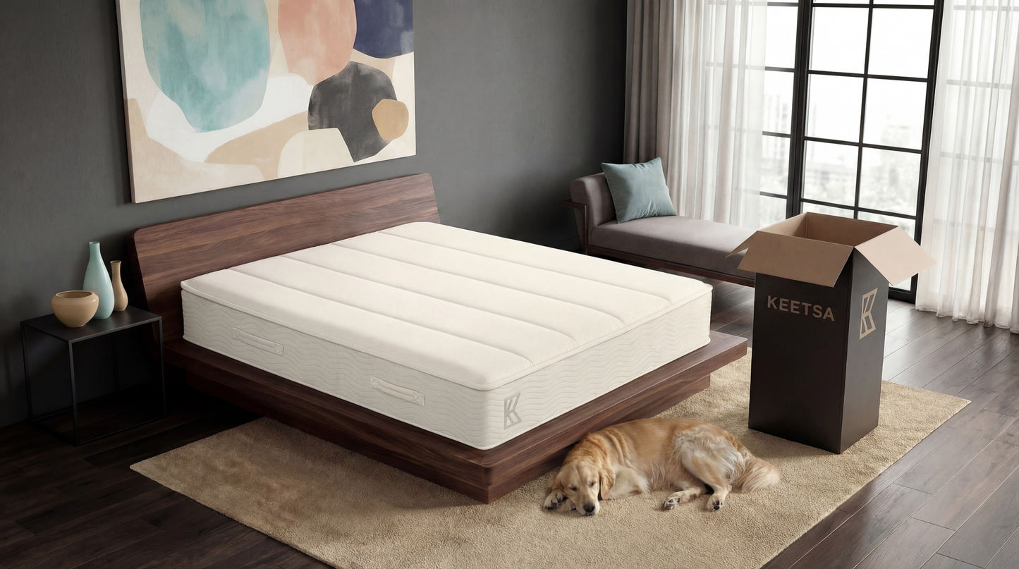 Keetsa Plus memory foam mattress shown unboxed on a low-profile walnut platform bed with a KEETSA shipping box nearby, highlighting convenient delivery, easy setup, and a supportive quilted surface in a modern bedroom with soft natural light.