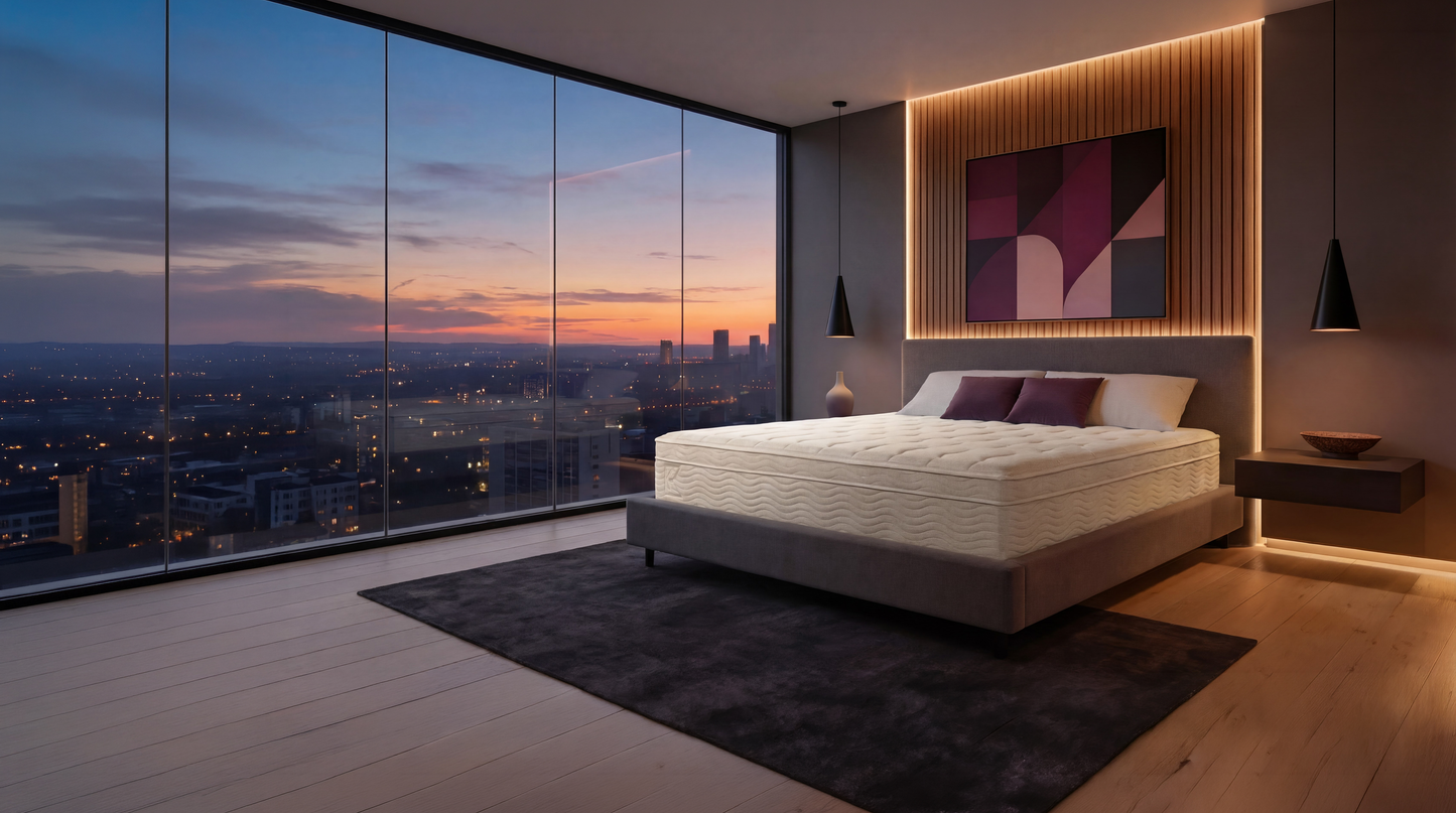 Wide view of Keetsa Tea Leaf Classic mattress on a gray upholstered platform bed against floor-to-ceiling windows at dusk, emphasizing a calm sleep environment, supportive foam design, and a minimalist modern aesthetic.