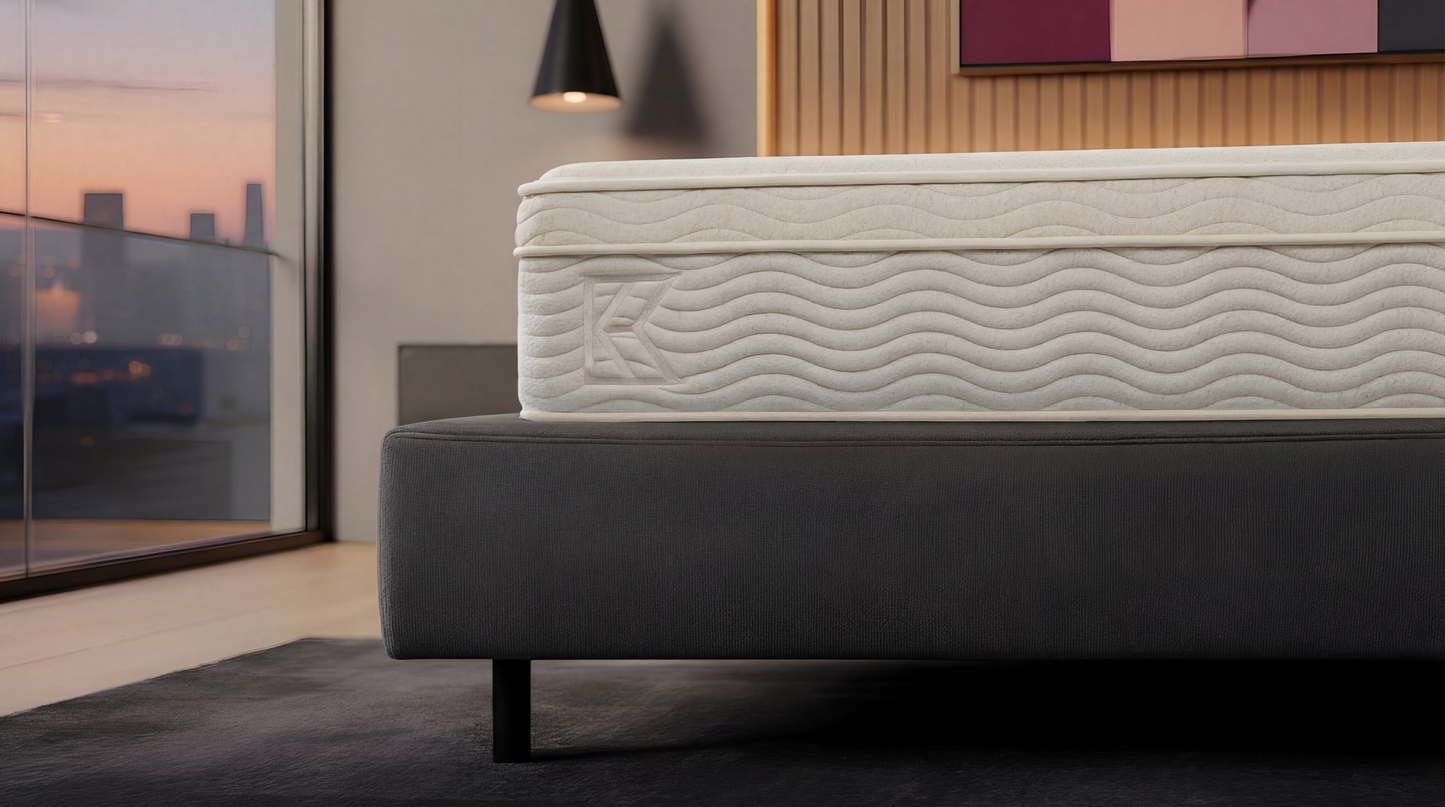 Side profile of Keetsa Tea Leaf Classic mattress on a gray platform bed near a large window at sunset, showcasing layered foam construction, supportive height, and a sleek modern bedroom setting with soft ambient lighting.