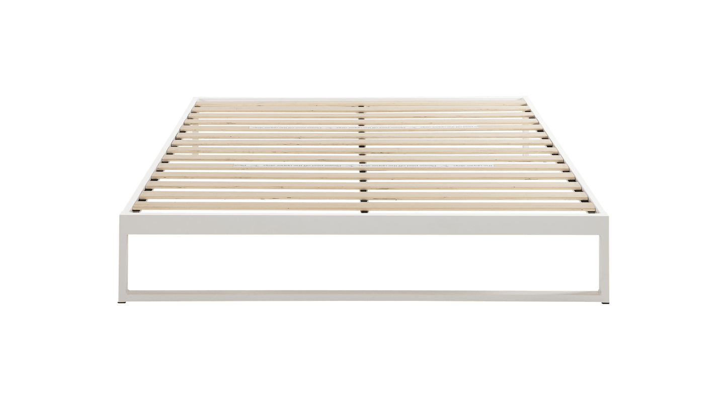 Keetsa Mínimo Industrial Snow White steel bed frame, straight-on front view displaying full wooden slat layout with center support rail and minimalist white rectangular base design.