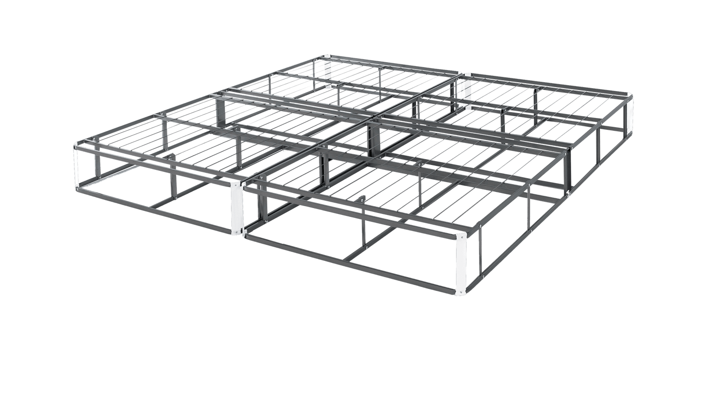 The Base - Steel Box Spring low-profile black steel platform frame with grid-style slats and multiple support legs, designed for even weight distribution, strong mattress support, and added under-bed storage space.