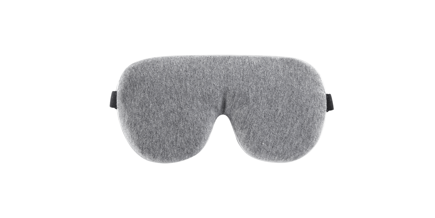 Keetsa sleep eye mask front view showing heather gray jersey knit side with soft padded contour design, nose bridge cutout, and dark strap tabs on each side.