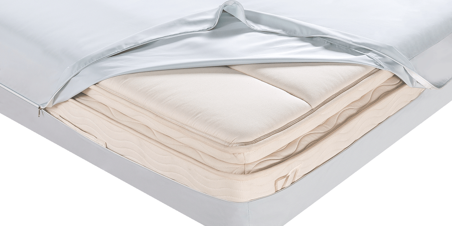 Keetsa Anti-Mite & Sweat-Resistant Mattress Protector fully encasing a mattress with a smooth, fitted design that provides breathable, moisture-resistant coverage. to help defend against dust mites, sweat, and stains while preserving mattress comfort and longevity.