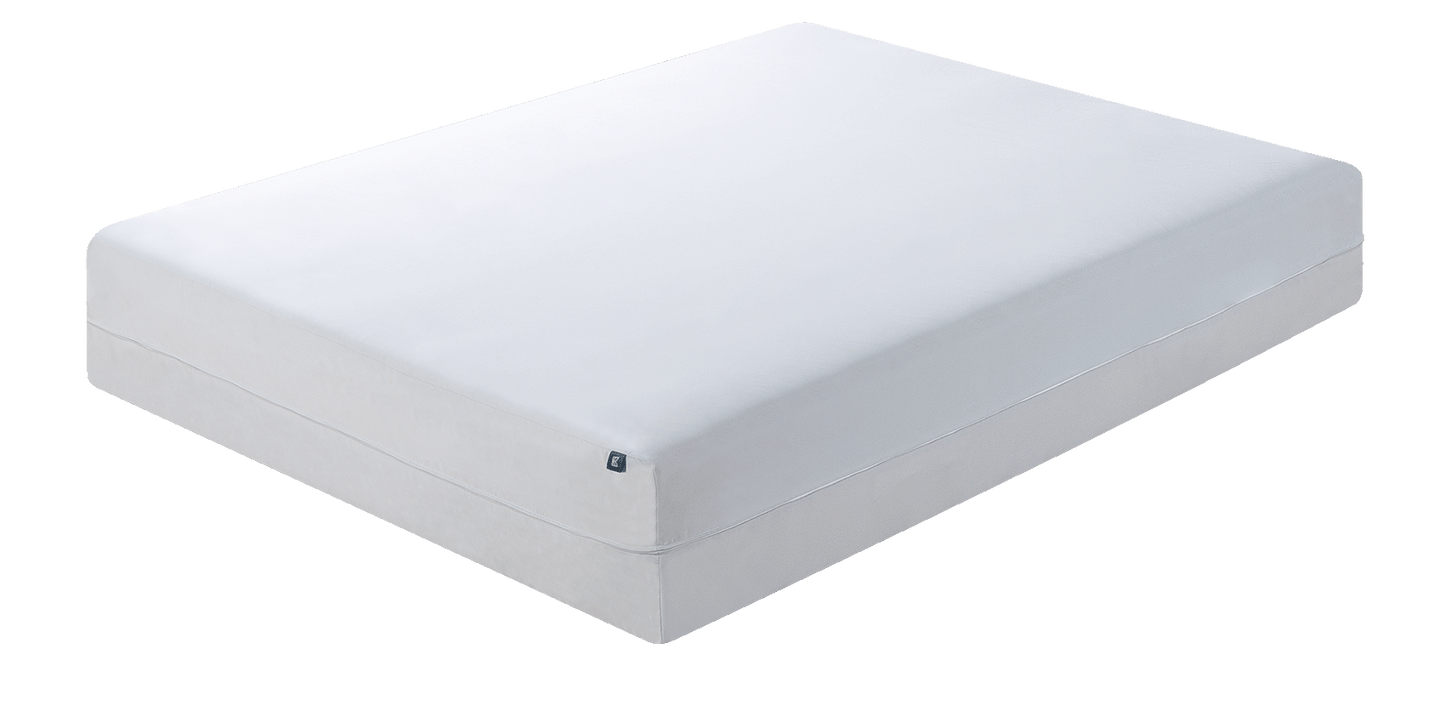 Keetsa Anti-Mite & Sweat-Resistant Mattress Protector displayed partially unzipped to show full-coverage encasement around the mattress, illustrating secure zip closure and complete barrier protection against dust mites, allergens, sweat, and spills.