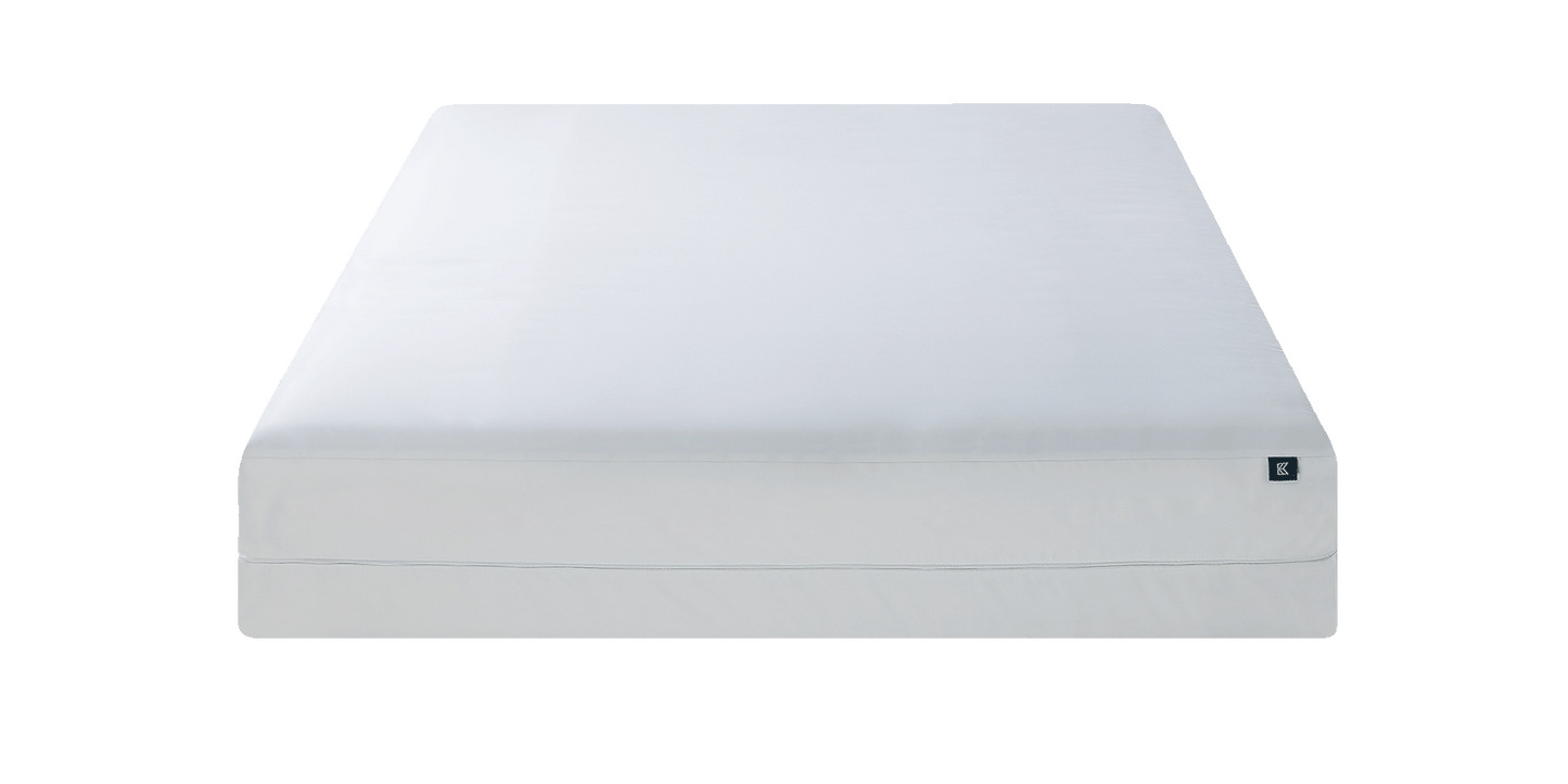 Keetsa Anti-Mite & Sweat-Resistant Mattress Protector shown folded beside branded packaging labeled “Mattress Protector” and “Anti-Mite & Sweat-Resistant,” highlighting hygienic protection designed to guard against dust mites, moisture, and everyday spills while maintaining a clean sleep surface