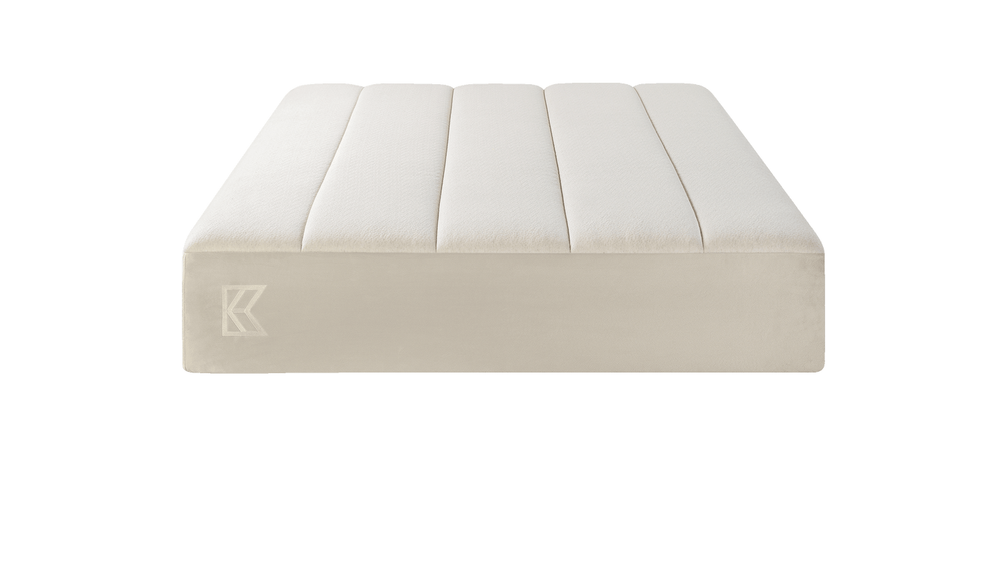 Keetsa Tea Leaf Supreme mattress head-on view showcasing its symmetrical, vertically channeled top design that promotes even weight distribution and comfortable, restorative sleep.