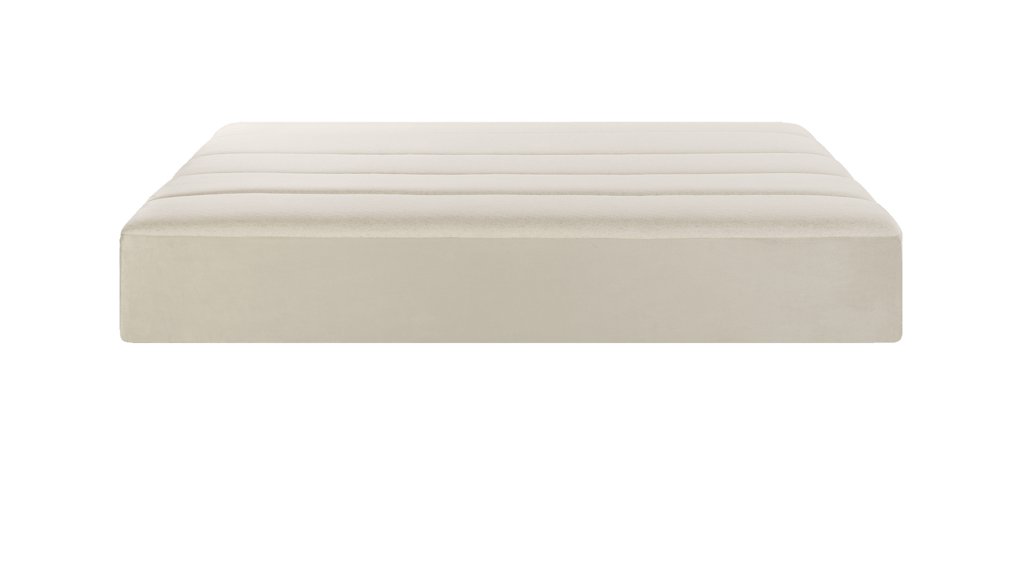 Keetsa Tea Leaf Supreme mattress side detail with embroidered Keetsa logo, highlighting premium fabric finish and reinforced side panels for durability and edge support.