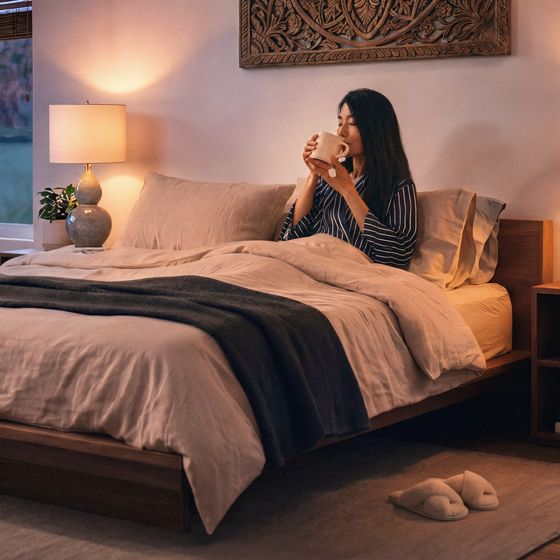 Asian woman with long dark hair in navy striped pajamas sits up in bed sipping tea from a large white mug at dusk. Warm lamp light, beige bedding with grey throw on wooden platform bed, cozy slippers on floor, and carved decorative wall art set the mood.