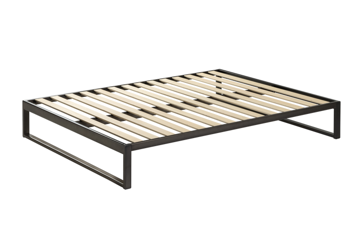 Keetsa Mínimo Industrial steel bed frame in dark bronze, three-quarter overhead angle from opposite side showing full slat coverage and sleek rectangular leg design with under-bed clearance.