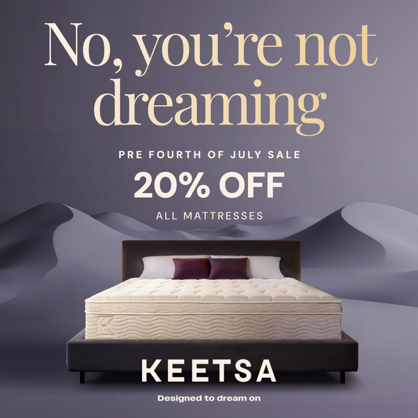 Advertisement for KEETSA mattresses with a discount offer on a dark background