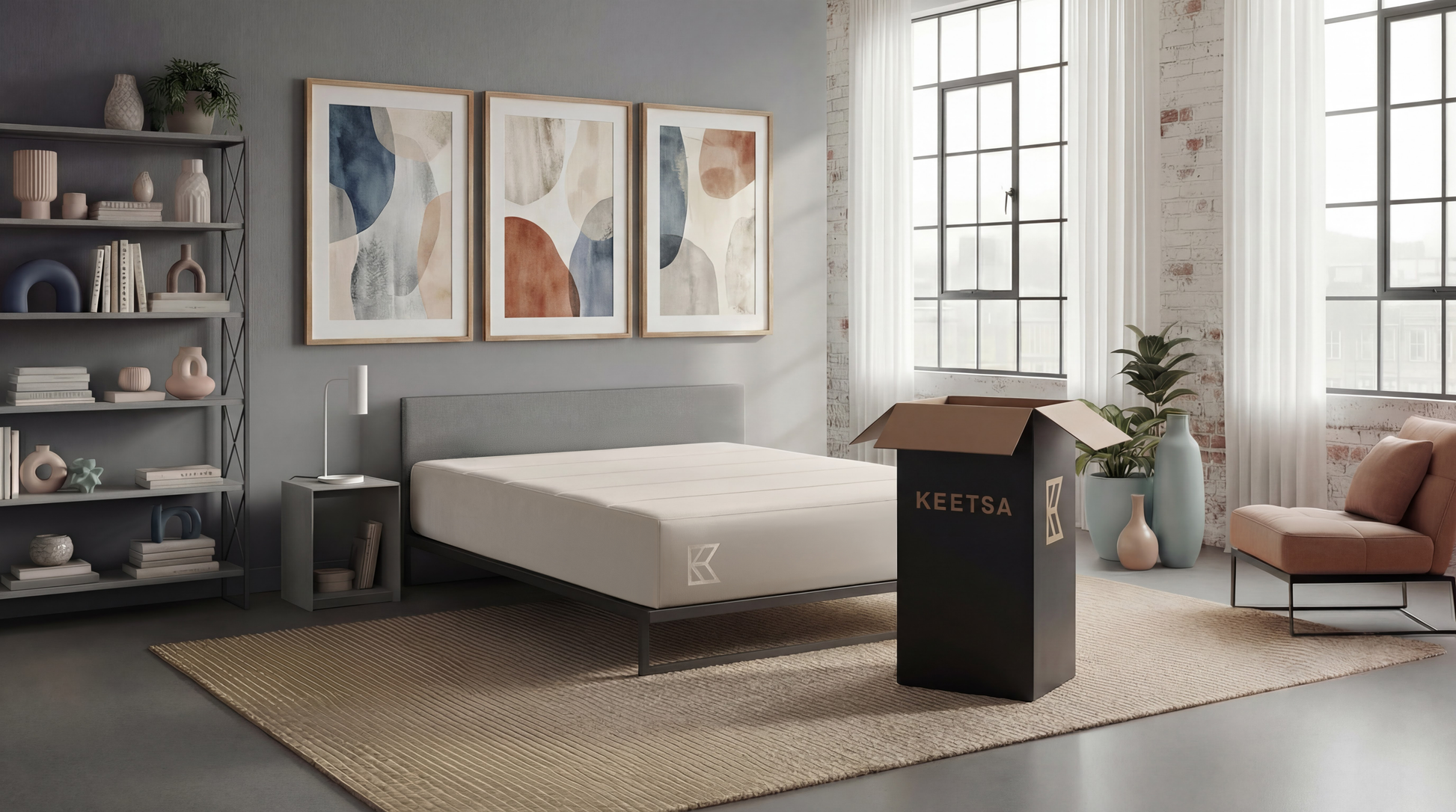 Keetsa Cloud memory foam mattress shown unboxed beside a KEETSA shipping box in a bright modern bedroom, highlighting convenient delivery, easy setup, and a smooth minimalist design with a supportive foam surface for everyday comfort.