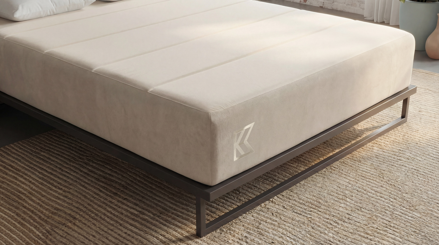 Close-up of Keetsa Cloud mattress corner on a low-profile metal platform bed, featuring a clean smooth cover with subtle texture and K logo, emphasizing supportive foam construction, durable materials, and a streamlined modern aesthetic.