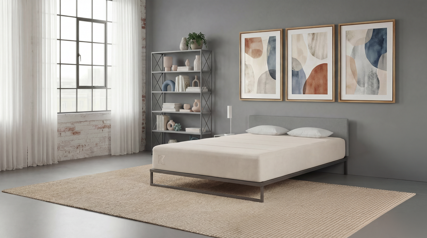 Keetsa Cloud memory foam mattress on a minimalist metal platform bed in a bright bedroom with large windows, showcasing a low-profile design, even support, and a clean modern setup ideal for simple, comfortable sleep spaces.