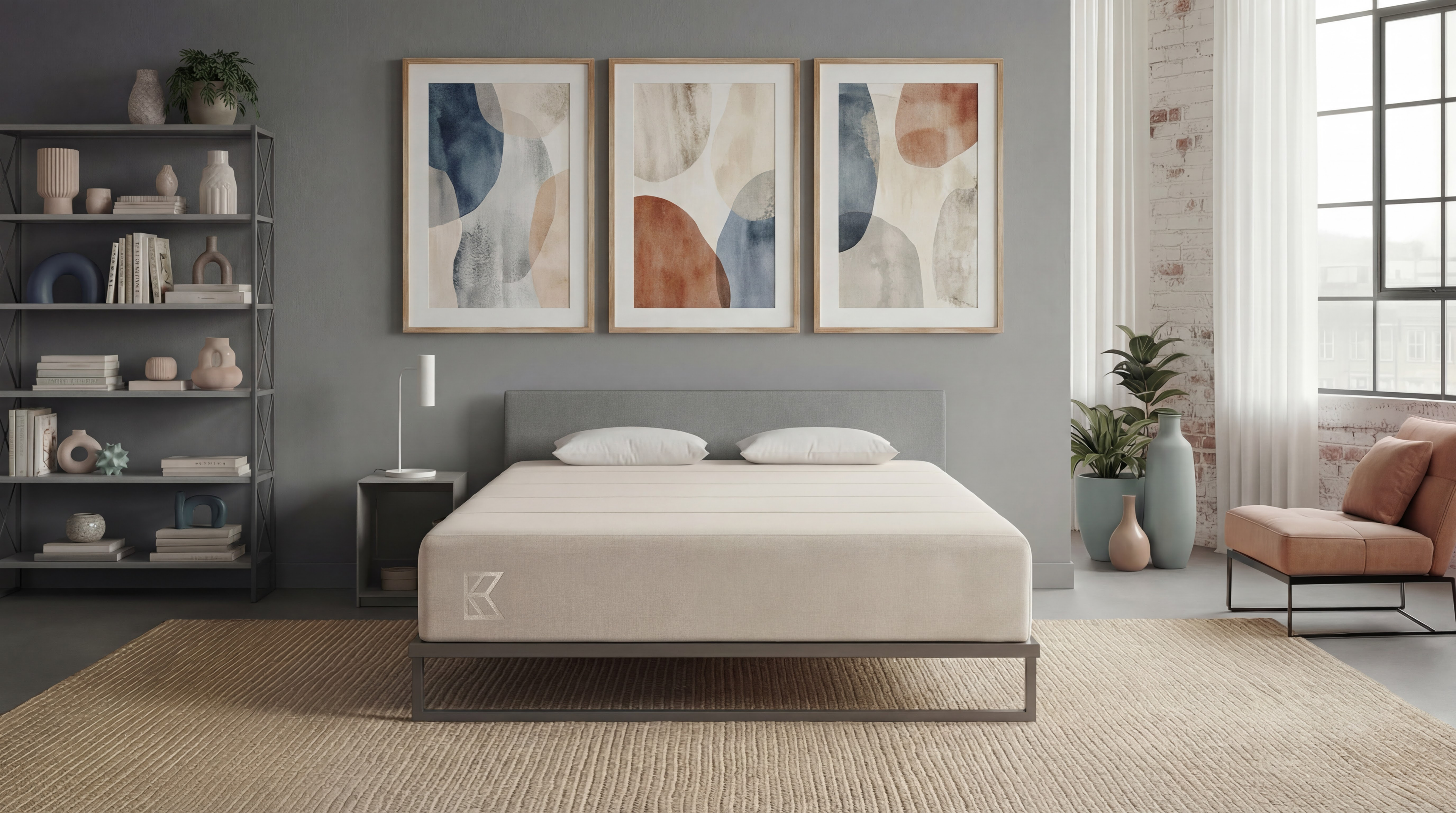 Keetsa Cloud® firm memory foam mattress, 10-inch profile, front-facing view on a metal platform bed in a bright contemporary bedroom, highlighting low-profile design and supportive foam construction ideal for back sleepers.