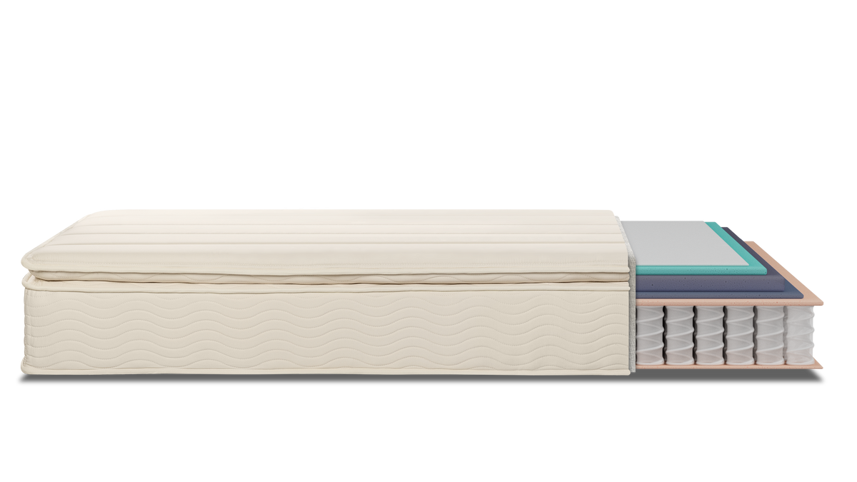 Keetsa Pillow Plus 11-inch medium firm hybrid mattress cutaway showing seven layers: OEKO-TEX certified cover, fire barrier, fiber padding, memory foam, a double comfort foam layer, high density foam, and individually wrapped coils.