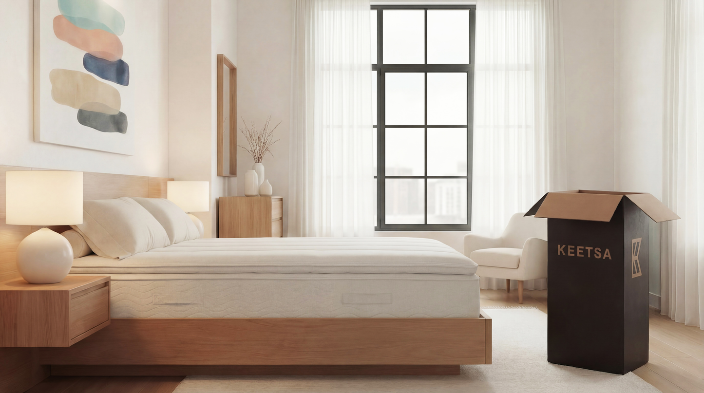Keetsa Pillow Plus mattress on low-profile wood platform bed beside open Keetsa delivery box, staged in bright minimalist bedroom with floor-to-ceiling windows, showing convenient compressed doorstep delivery.