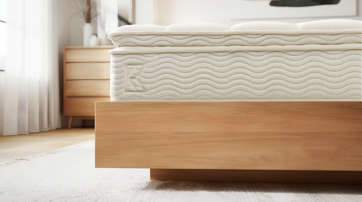 Foot-of-bed close-up of Keetsa Pillow Plus mattress showing thick plush pillow top, wave-stitched side panel with embossed Keetsa logo, and natural light wood platform base on cream carpet.