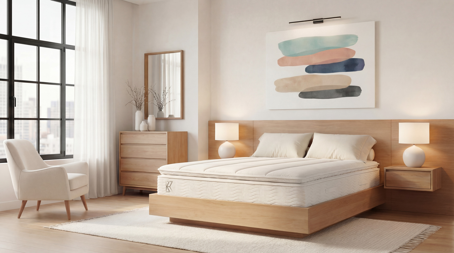 Keetsa Pillow Plus mattress centered on wood platform bed in bright Scandinavian-style bedroom with city views, dual globe lamps, and wood dresser, showing full pillow-top profile and chevron-quilted base.