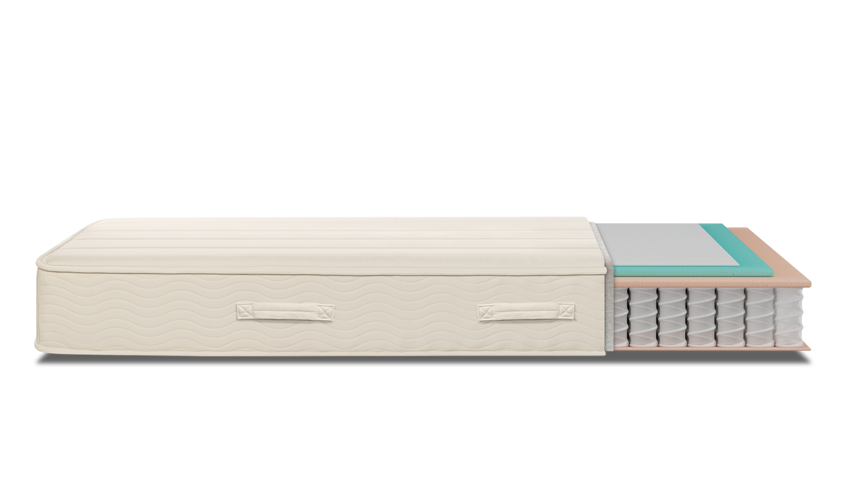 Keetsa Plus 9-inch firm hybrid mattress cutaway with side carry handles, showing six layers: OEKO-TEX certified cover, carbon rayon fire barrier, fiber padding, memory foam, responsive comfort foam, and individually wrapped coils.