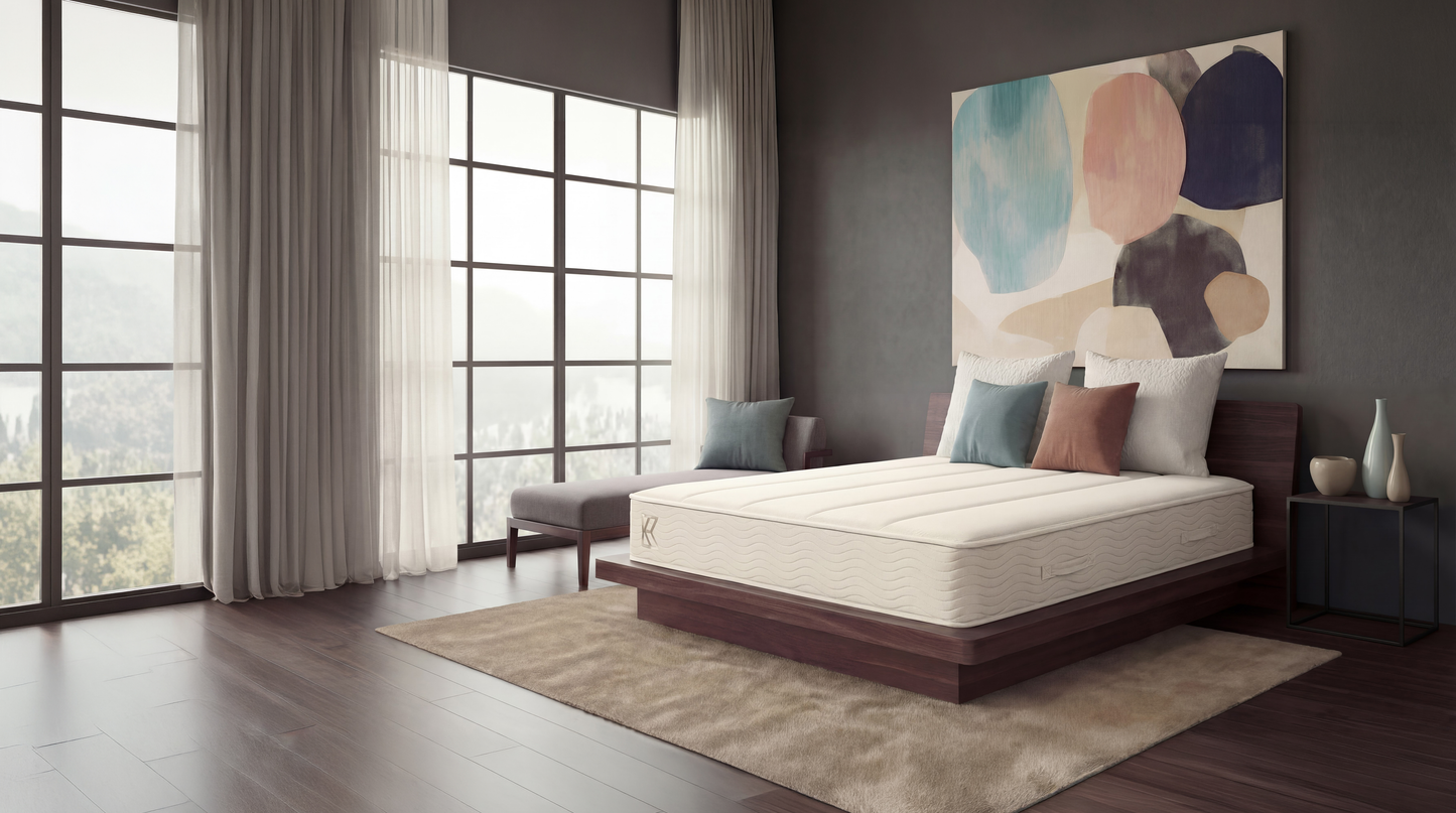 Wide bedroom view of Keetsa Plus mattress on a low walnut platform bed near large windows, showcasing a bright modern space with natural light, breathable comfort, and a minimalist design suited for a calm and restful sleep environment.