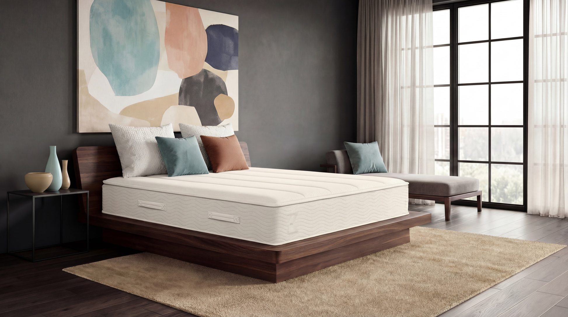 Keetsa Plus memory foam mattress on a walnut platform bed styled with neutral pillows, emphasizing a smooth quilted top, medium profile support, and a clean modern bedroom aesthetic designed for everyday comfort and relaxation.