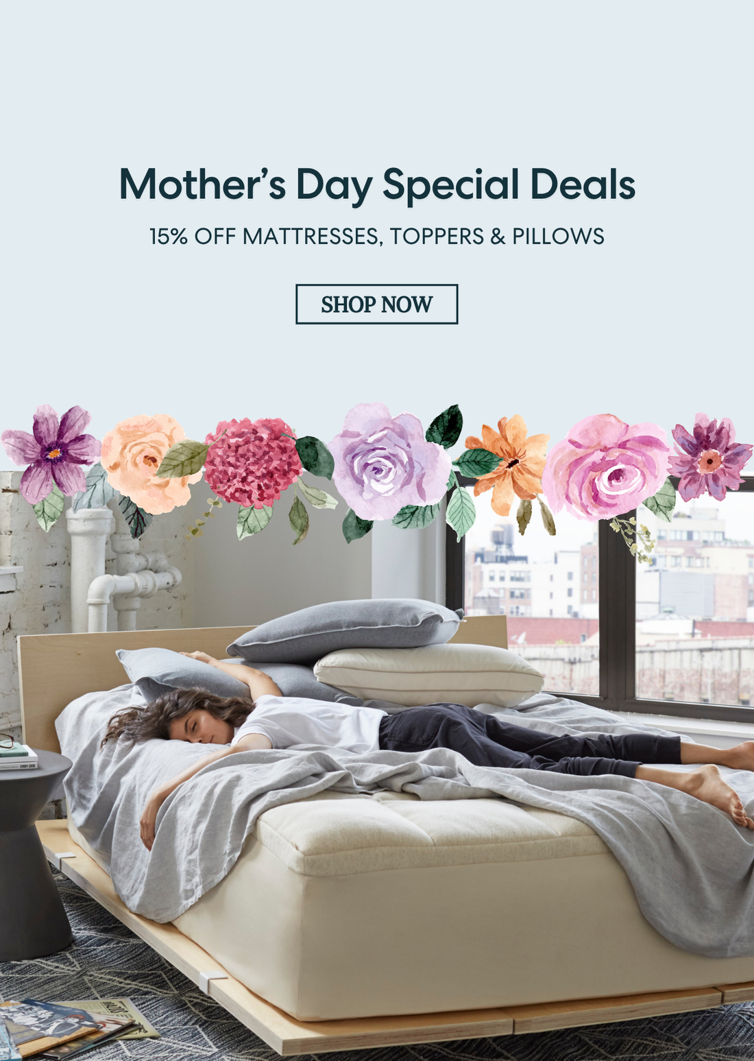 Advertisement for Mother's Day special deals on mattresses, toppers, and pillows with a woman lying on a bed.