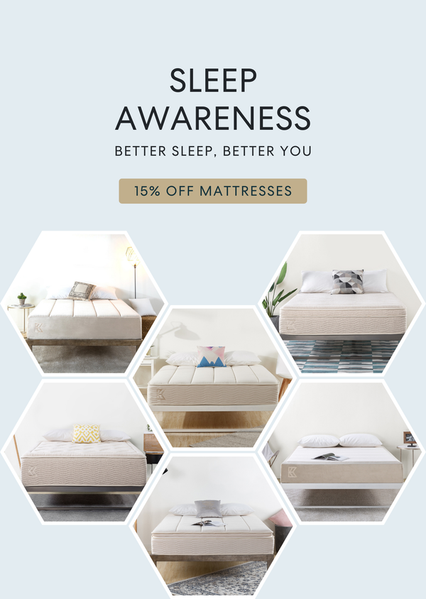 Keetsa mattress sale banner for sleep awareness.  visually displaying 6 keetsa mattresses of which there are 4 hybrids and 2 memory foam versions.