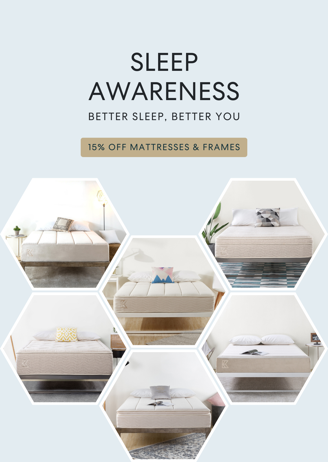 Promotional banner for  Keetsa mattresses and frames with hexagonal layout offering 15% off.