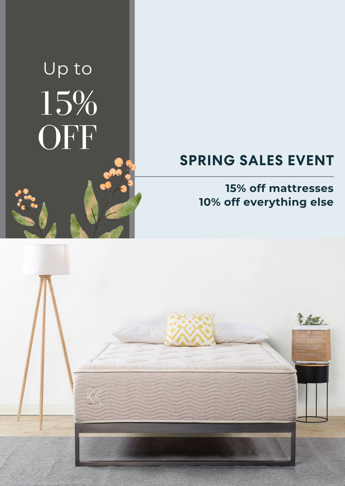 Premium keetsa mattress on a bed with a promotional banner for a spring sales event offering discounts on mattresses and other items.
