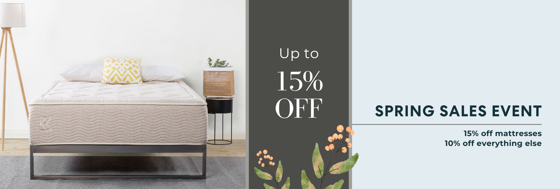 Keetsa mattress on a bed with a spring sales event banner on the right