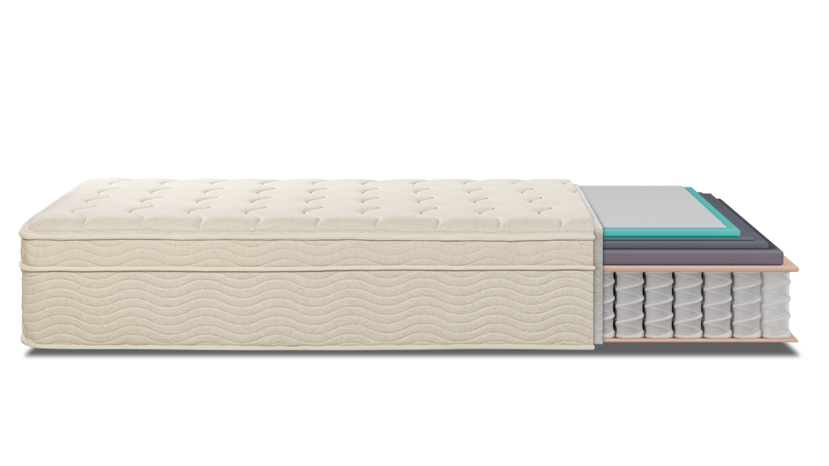 Keetsa Classic 13-inch firm hybrid mattress cutaway showing seven layers: OEKO-TEX certified cover, fire barrier, fiber padding, memory foam, three responsive comfort foam layers, high density foam, and individually wrapped coils.