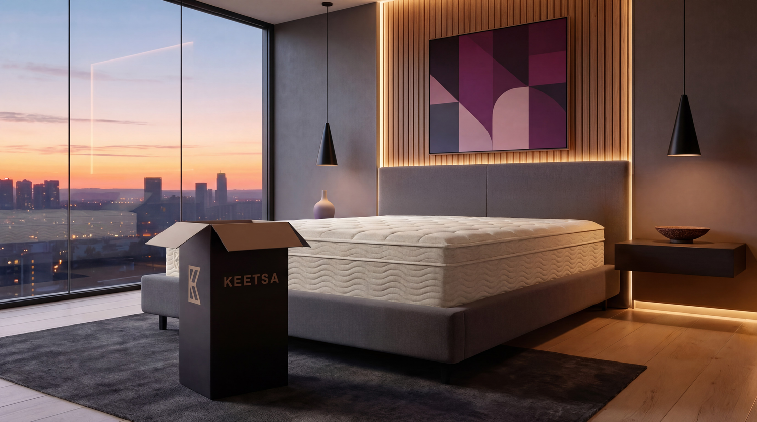 Keetsa Tea Leaf Classic mattress in a modern bedroom with city sunset views and a KEETSA box nearby, highlighting convenient delivery, easy setup, and a plush quilted top designed for everyday comfort and eco-friendly sleep.