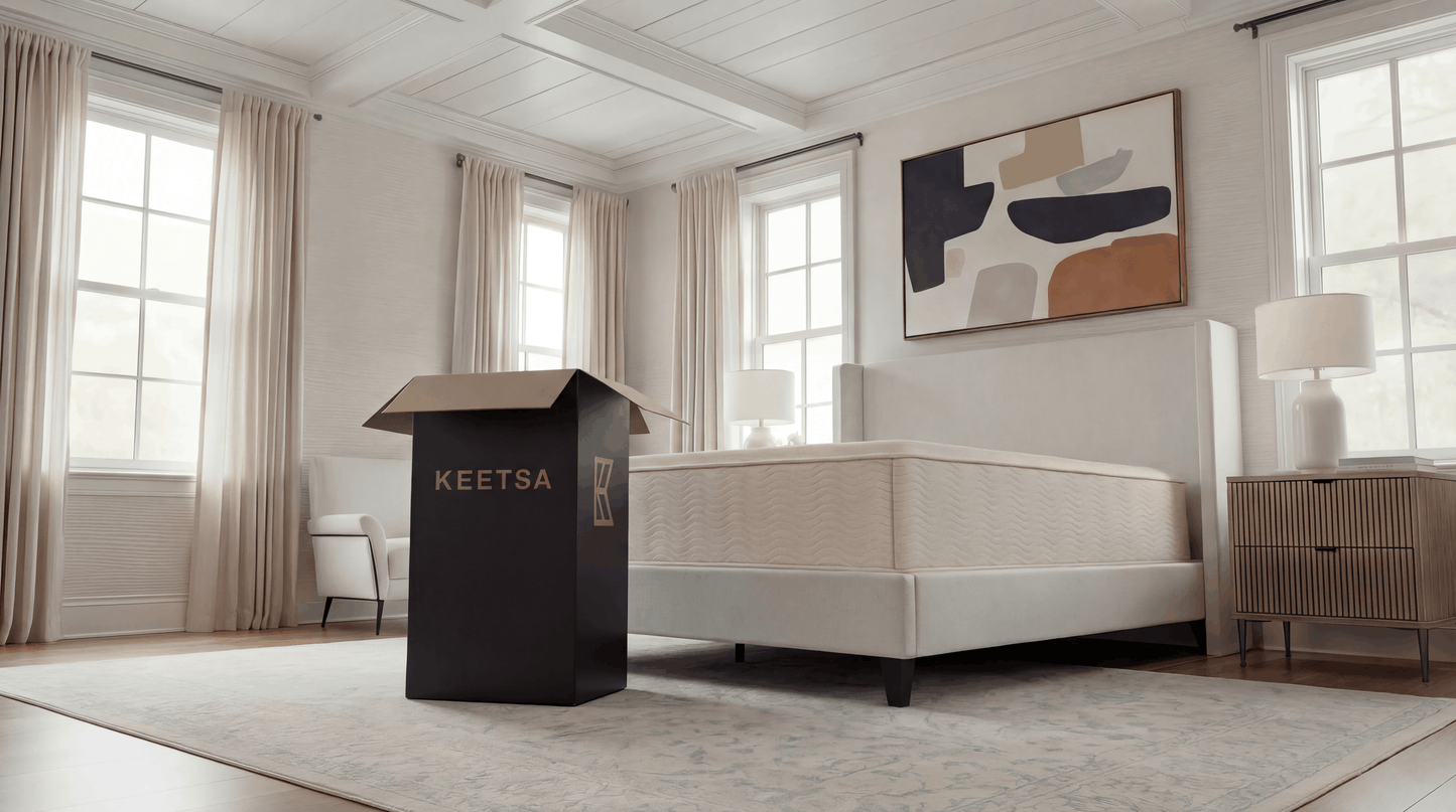 Keetsa Dream mattress on upholstered platform bed beside open Keetsa delivery box, staged in bright traditional bedroom with coffered ceiling and multi-window natural light, showing doorstep delivery.