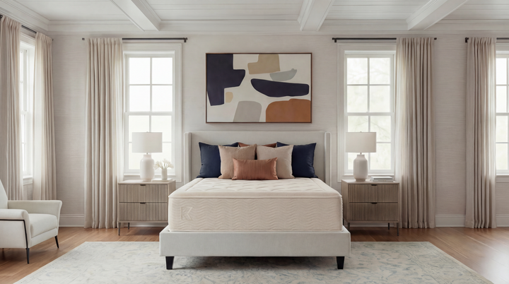 Keetsa Dream mattress centered on upholstered platform bed, front-facing view in symmetrical traditional bedroom with coffered ceiling, paired fluted nightstands, and navy and terracotta accent pillows.