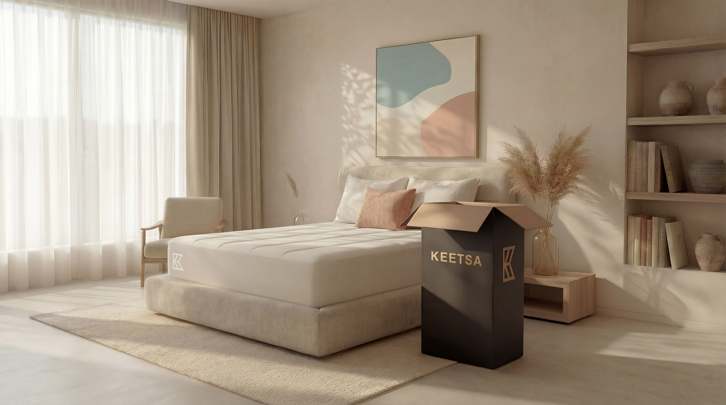 Keetsa Supreme mattress on upholstered platform bed beside open Keetsa delivery box, staged in warm neutral bedroom with sheer curtains and pampas grass, showing convenient compressed doorstep delivery.