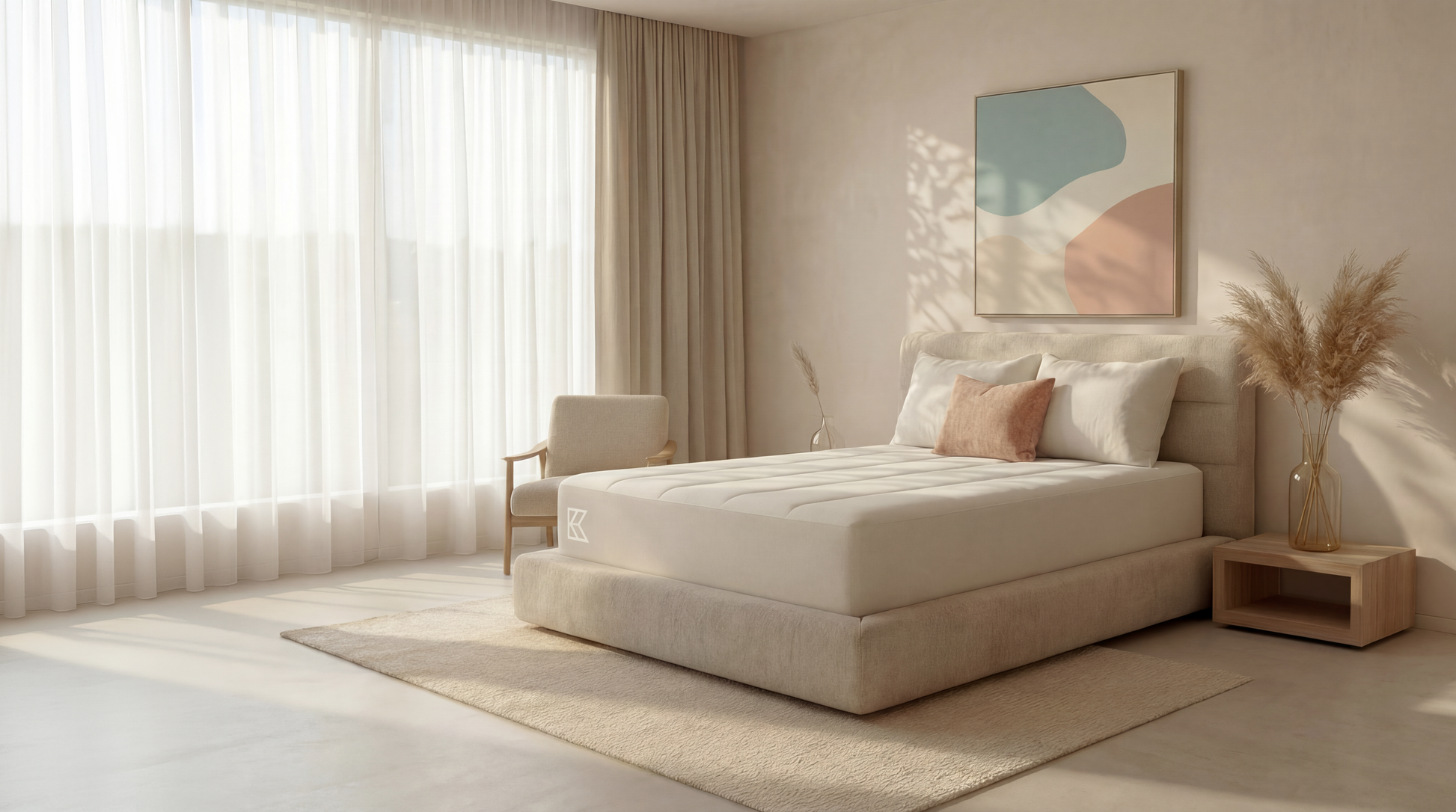 Keetsa Supreme mattress on upholstered platform bed in sunlit minimalist bedroom with sheer floor-length curtains, neutral tones, and wood nightstand, highlighting clean profile and quilted cover.