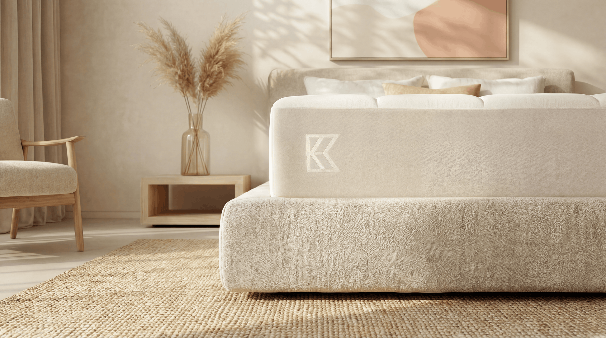 Keetsa Supreme mattress foot-of-bed angle showing cream quilted sleep surface, embossed Keetsa logo on side panel, and upholstered base on woven rug in warm natural bedroom setting.