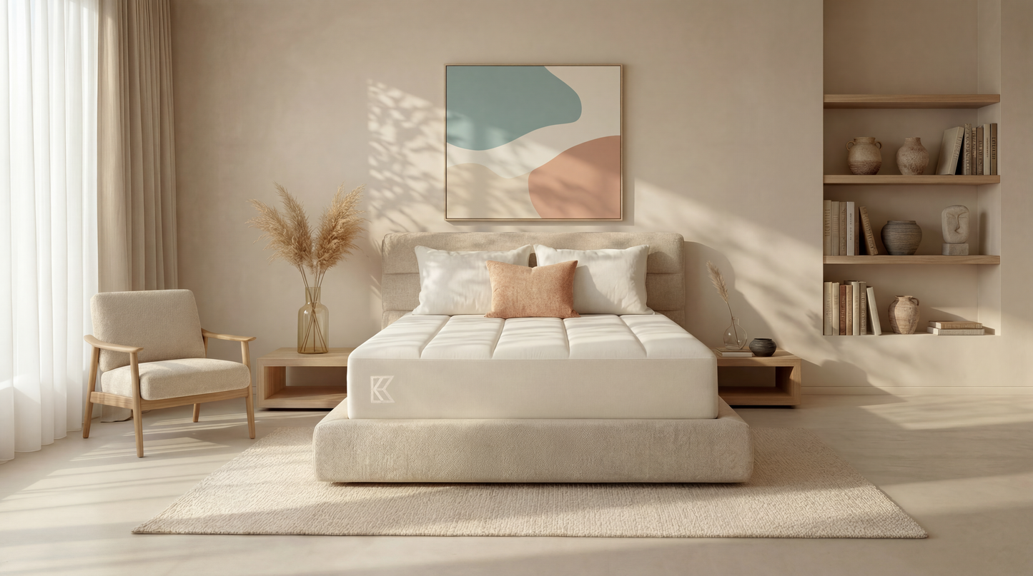 Keetsa Supreme mattress centered on low-profile platform bed in warm neutral bedroom with abstract wall art and wood shelving, front-facing view showing quilted top and structured side profile.