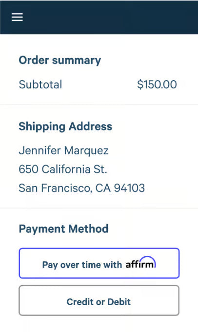 Selecting Affirm as the payment method at Keetsa checkout