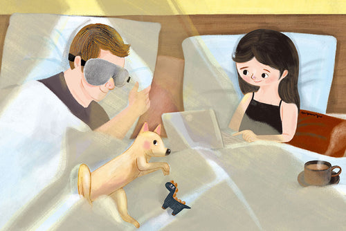 Among the couples in the illustration, the man is sleeping with an eye mask on, the woman is working with a laptop, and the dog is lying between the man and the woman.
