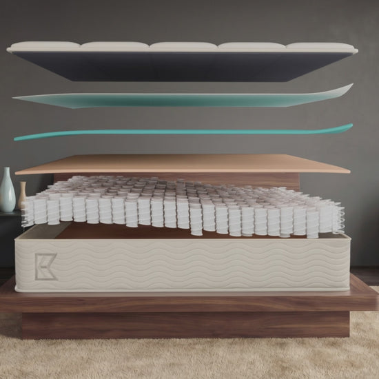 Keetsa Plus firm hybrid mattress animation: separated memory foam, comfort foam and individually wrapped coil layers float above a walnut platform bed, then settle into the finished 9-inch mattress as the room shifts to sunset.
