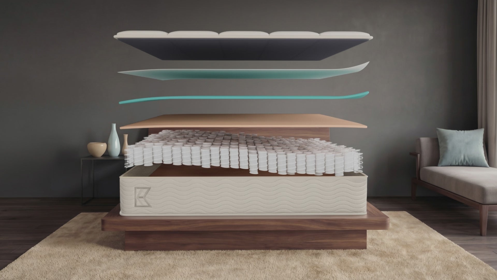 Keetsa Plus firm hybrid mattress animation: separated memory foam, comfort foam and individually wrapped coil layers float above a walnut platform bed, then settle into the finished 9-inch mattress as the room shifts to sunset.