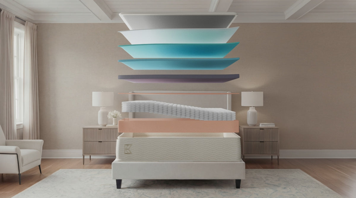 Keetsa Dream soft hybrid mattress animation: separated memory foam, pressure relief foam and individually wrapped coil layers float above an upholstered bed, then settle into the finished 14-inch mattress as the room shifts to evening.